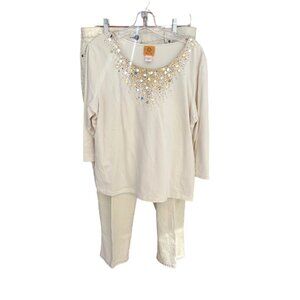 Ruby Rd Womens Gold‎ Sequin Long Sleeve Top & Pants Set Cotton/Spandex XL / 14